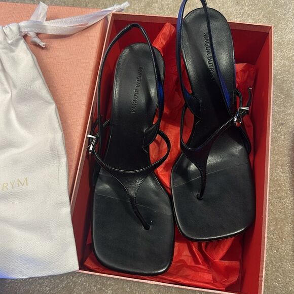 NEW Magda Butrym Sling Back Sandal in Black LEATHER HEEL OPEN TOE - Picture 7 of 10